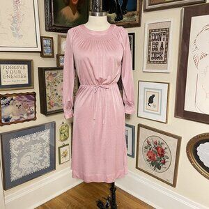80s Vintage Leslie Fay Pink Silky Knit Polyester Smocked Neckline Midi Dress LG